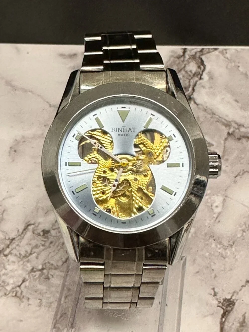 Fineatmatic Watch Men Silver Tone Skeleton Automatic Dial Mouse Ears 38MM 8.5